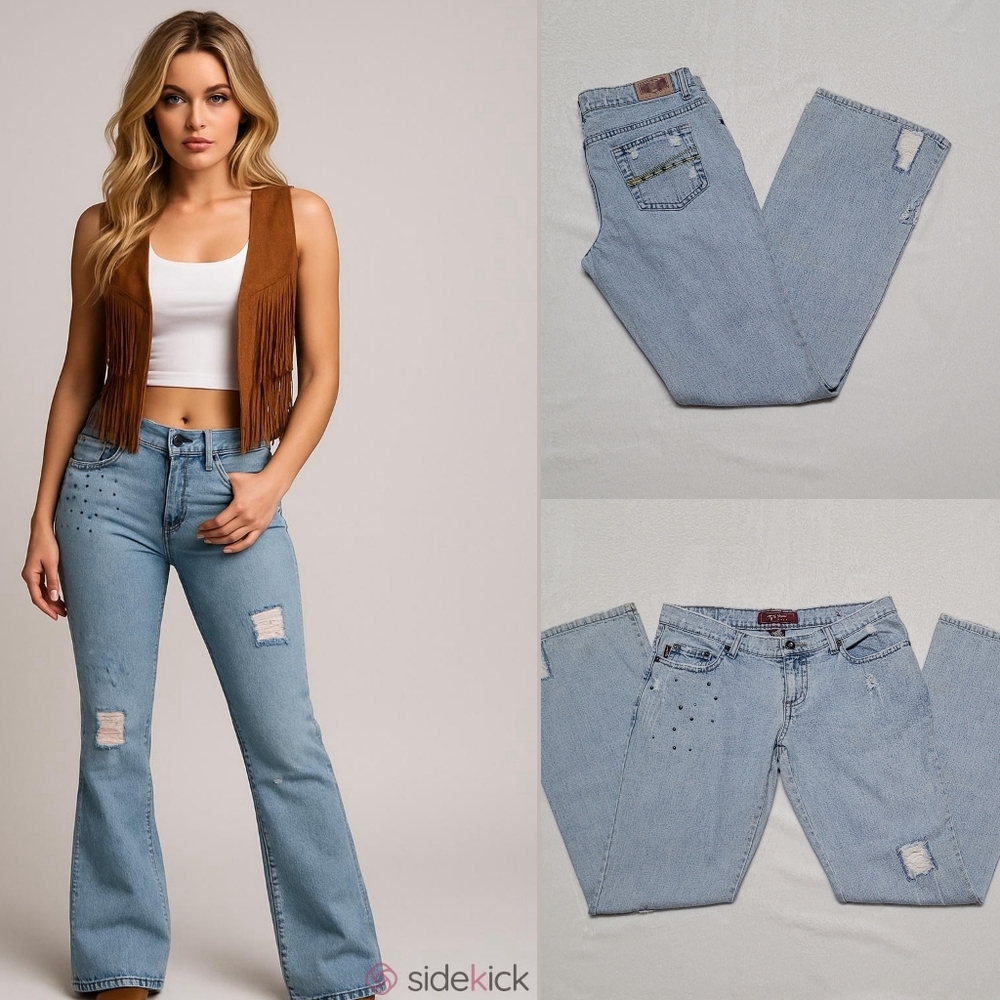 Tyte Jeans Vintage 90s Light-wash Bronze Studded Distressed Flared Leg Jeans